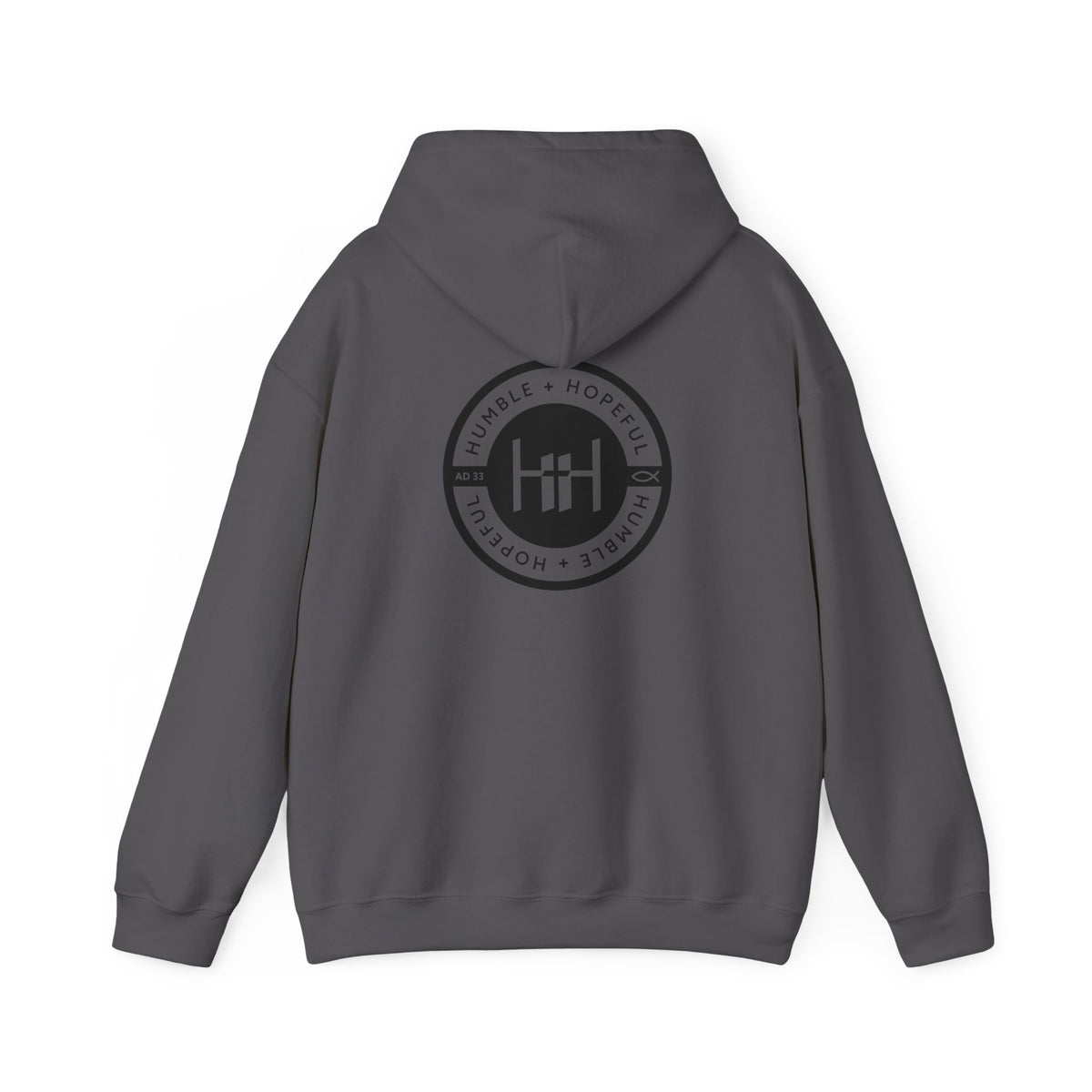 Charcoal Gray hoodie with 'Humble+Hopeful' logo on the back against a white background