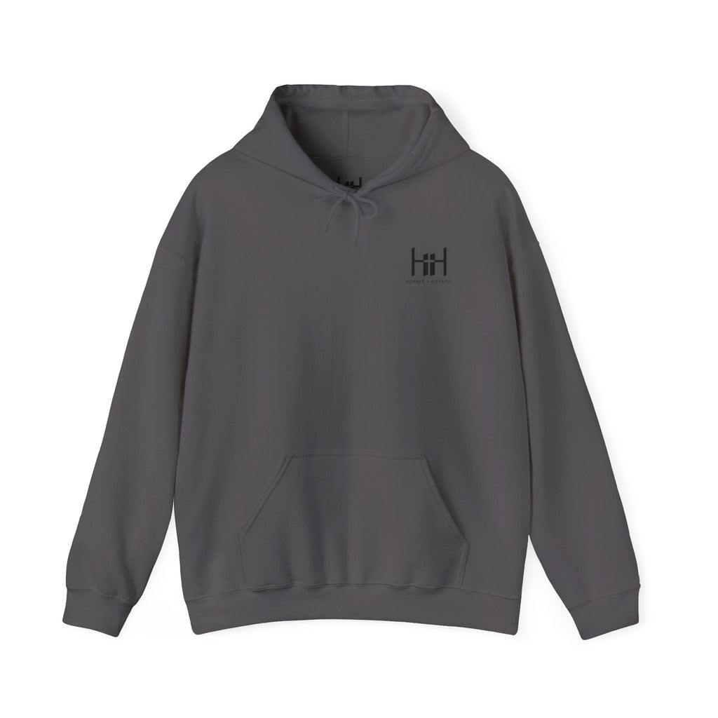 Charcoal Gray hoodie with 'Humble+Hopeful' logo on the back against a white background