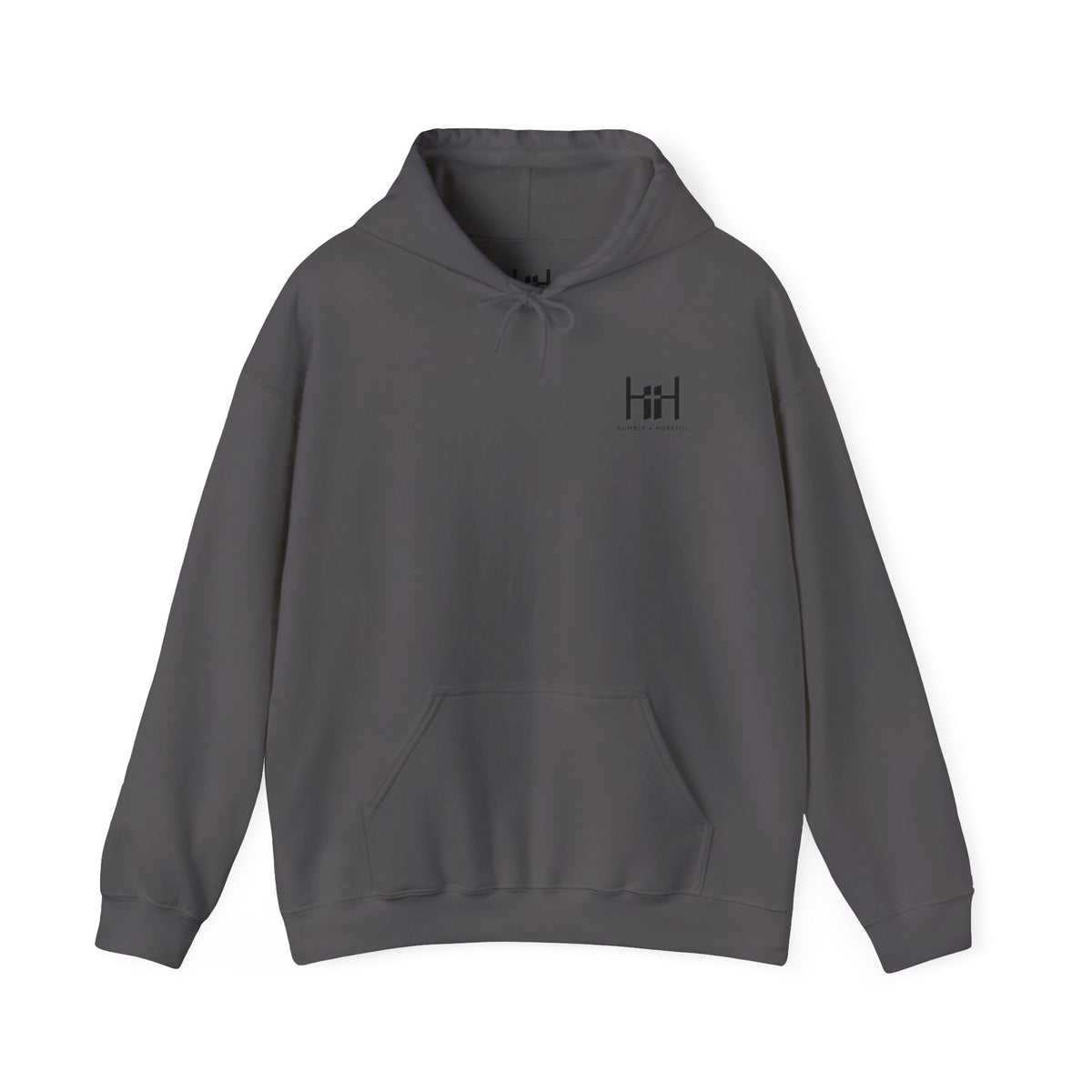 Charcoal Gray hoodie with 'Humble+Hopeful' logo on the back against a white background
