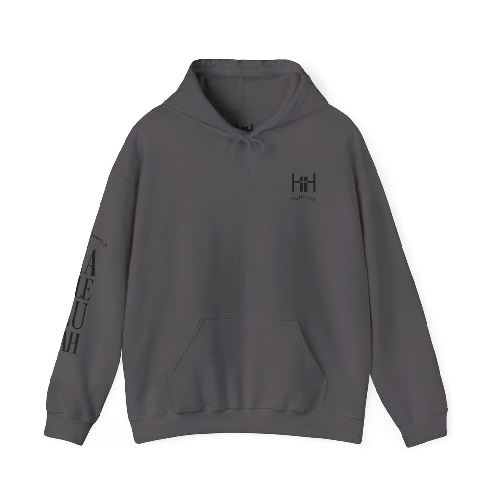 charcoal colored hoodie with a Humble + Hopeful logo on the front and Hallelujah on the sleeve on a white background