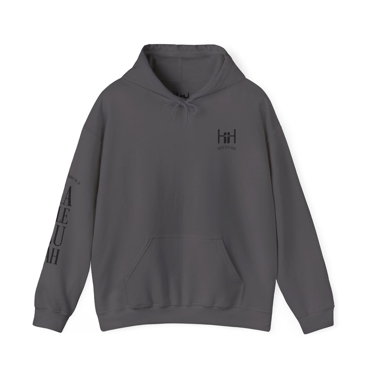 charcoal colored hoodie with a Humble + Hopeful logo on the front and Hallelujah on the sleeve on a white background