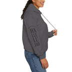 charcoal colored hoodie with a Humble + Hopeful logo on the front and Hallelujah on the sleeve on a white background