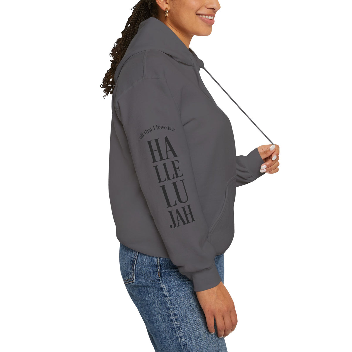 charcoal colored hoodie with a Humble + Hopeful logo on the front and Hallelujah on the sleeve on a white background
