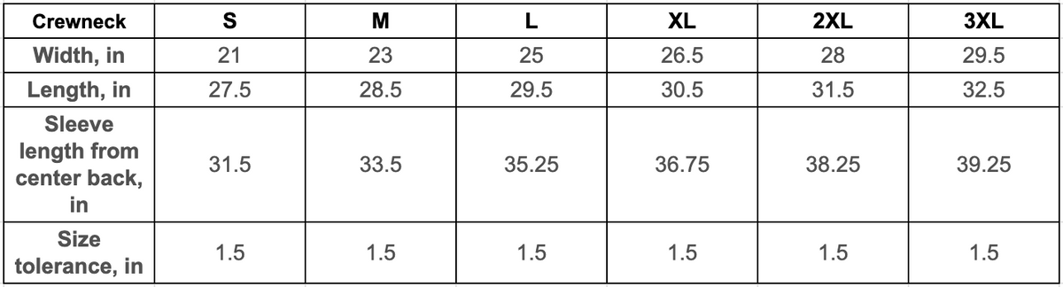 the sizechart for the Humble+Hopeful crewnecks