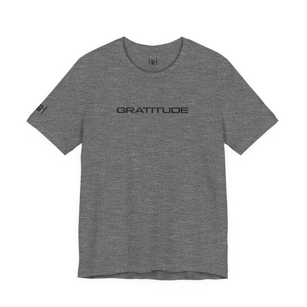 Deep heather t-shirt with "GRATITUDE" written on the front on a white background