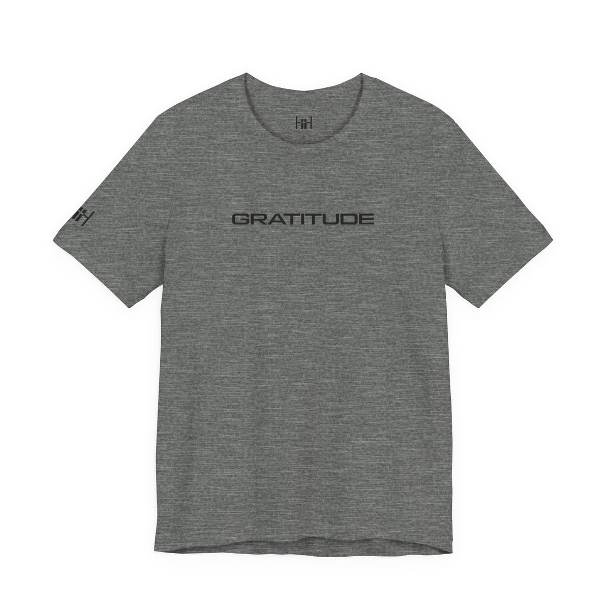 Deep heather t-shirt with "GRATITUDE" written on the front on a white background