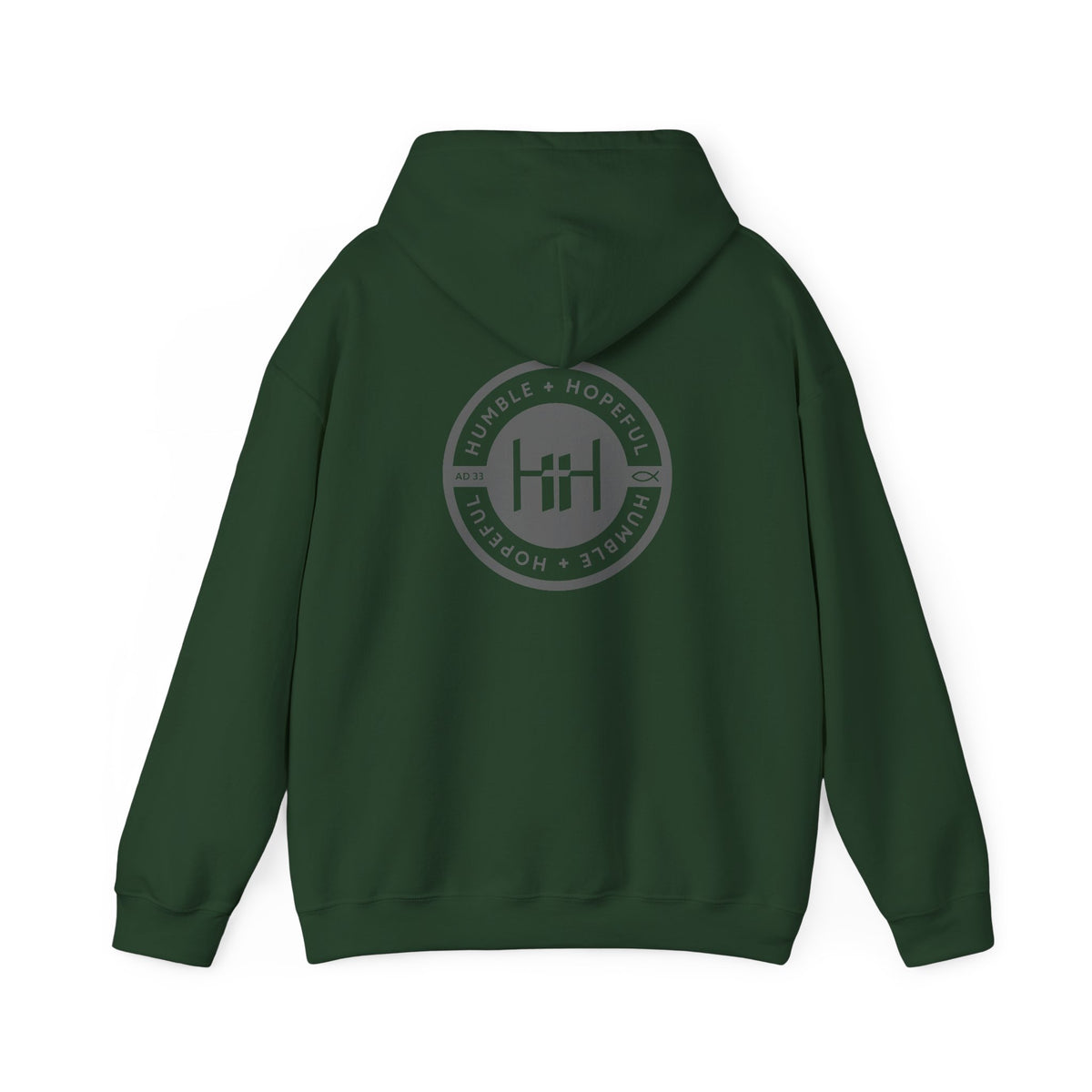 Forest green hoodie with 'Humble+Hopeful' logo on the back against a white background