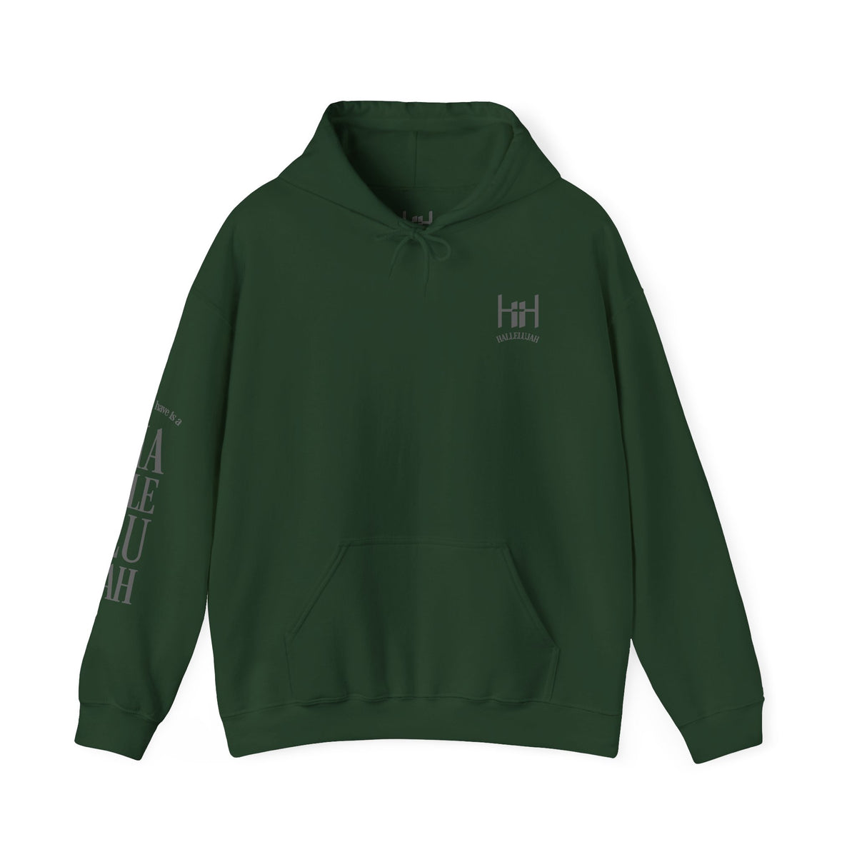 green colored hoodie with a Humble + Hopeful logo on the front and Hallelujah on the sleeve on a white background