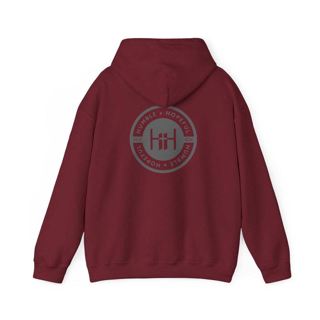 Garnet hoodie with 'Humble+Hopeful' logo on the back against a white background