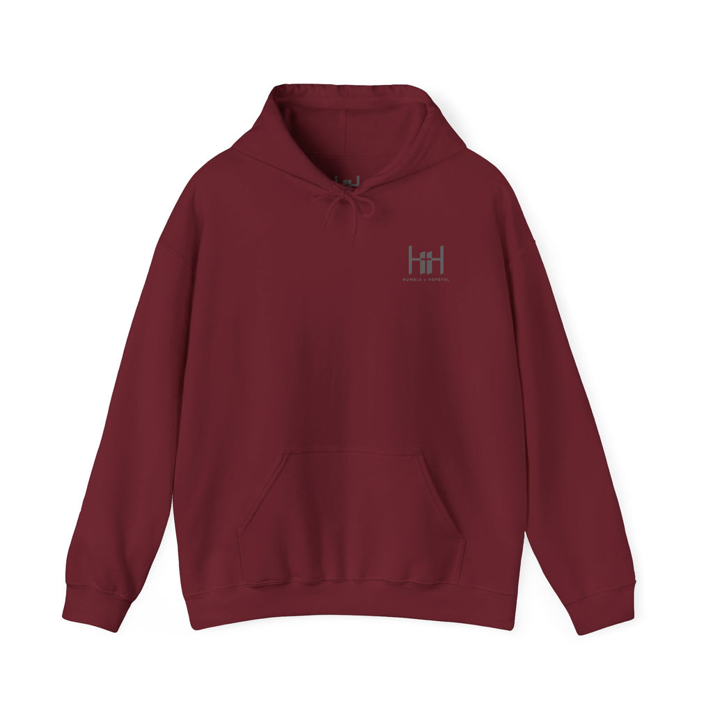 Garnet hoodie with 'Humble+Hopeful' logo on the back against a white background