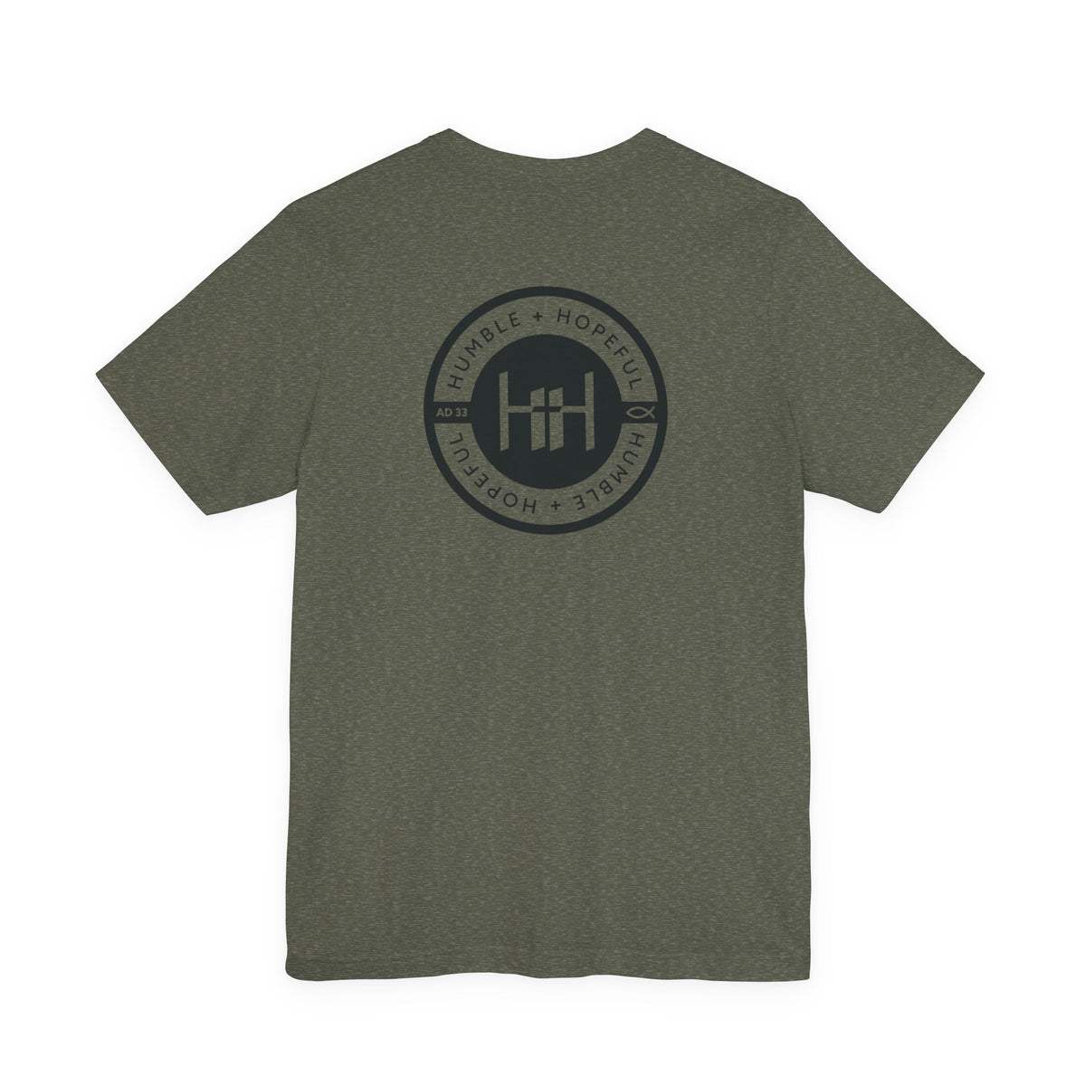 Heather Military Green t-shirt with 'Humble+Hopeful' logo on a white background