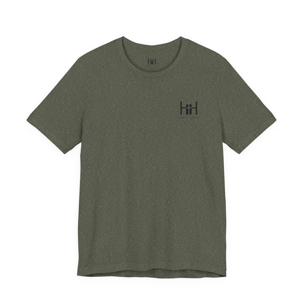 Heather Military Green t-shirt with 'Humble+Hopeful' logo on a white background