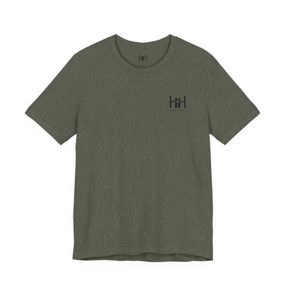 Heather Military Green t-shirt with 'Humble+Hopeful' logo on a white background