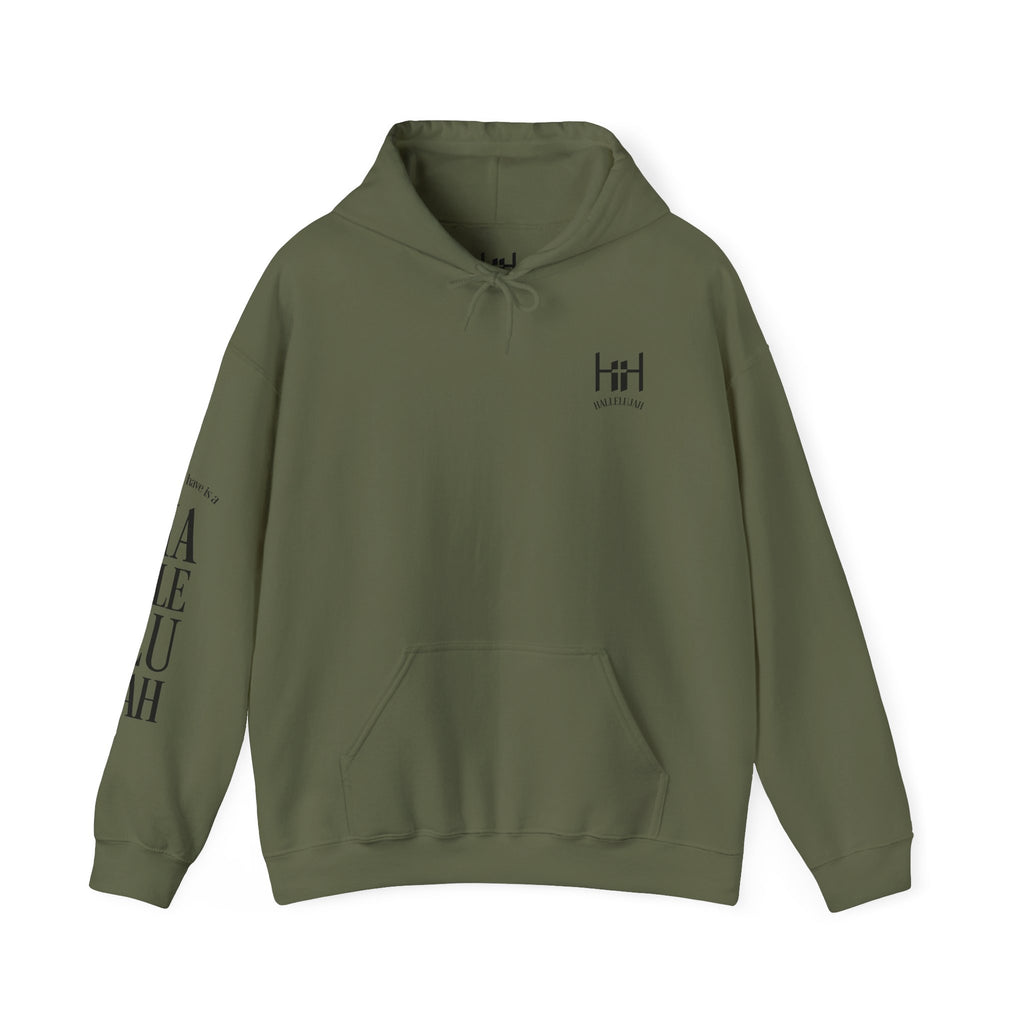 green colored hoodie with a Humble + Hopeful logo on the front and Hallelujah on the sleeve on a white background