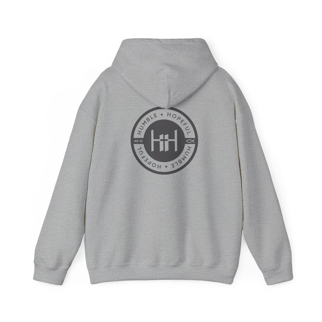 Gray hoodie with 'Humble+Hopeful' logo on the back against a white background