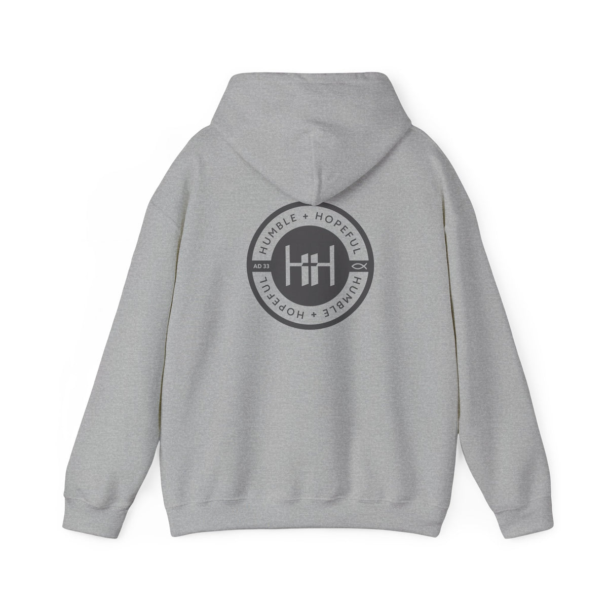 Gray hoodie with 'Humble+Hopeful' logo on the back against a white background