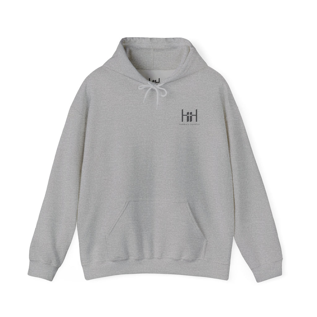 Gray hoodie with 'Humble+Hopeful' logo on the back against a white background