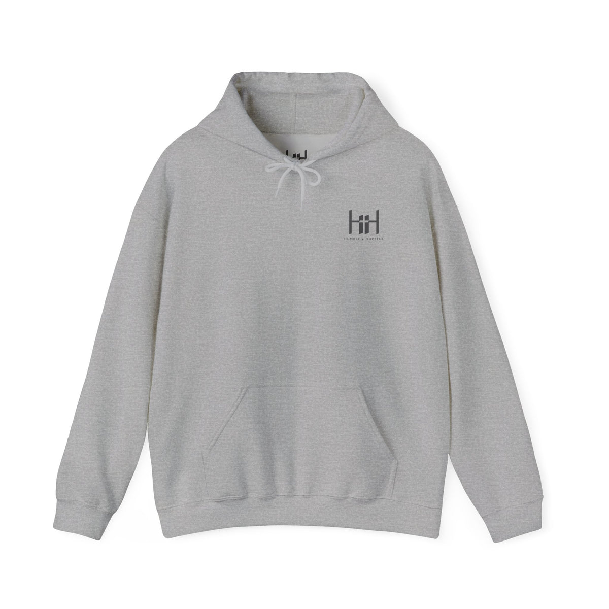 Gray hoodie with 'Humble+Hopeful' logo on the back against a white background