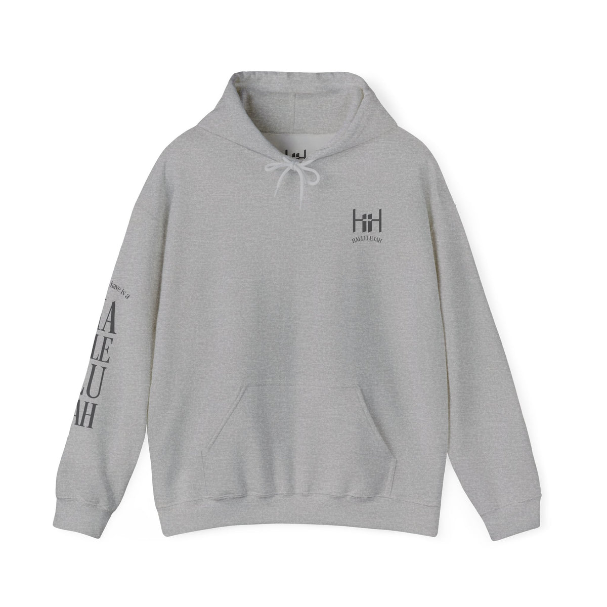 Light grey colored hoodie with a Humble + Hopeful logo on the front and Hallelujah on the sleeve on a white background