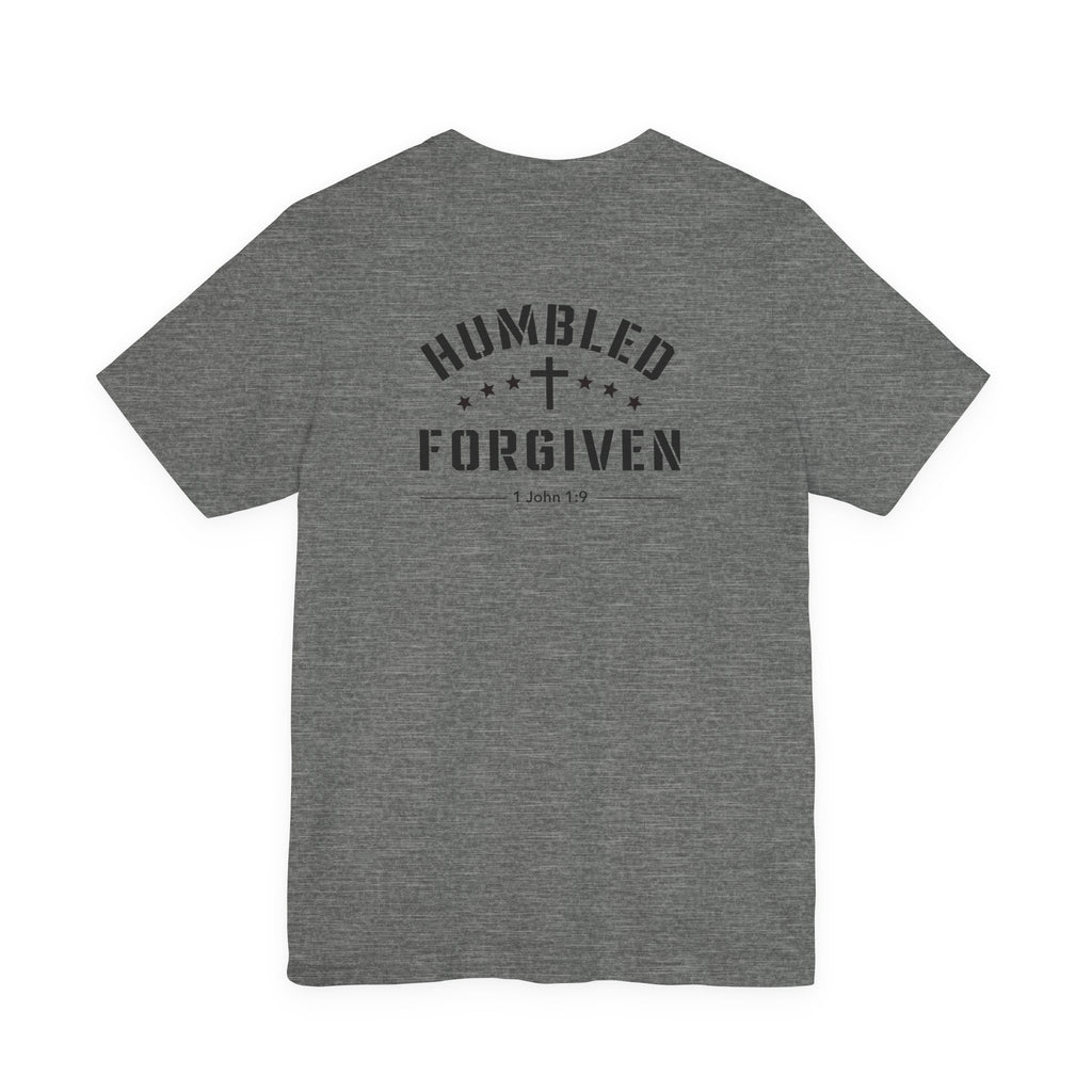 grey t-shirt with 'Humbled+Forgiven' text on the back against a white background