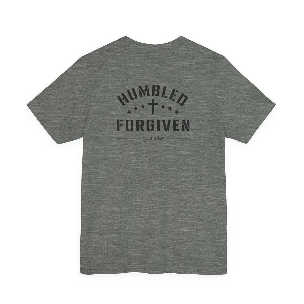 grey t-shirt with 'Humbled+Forgiven' text on the back against a white background