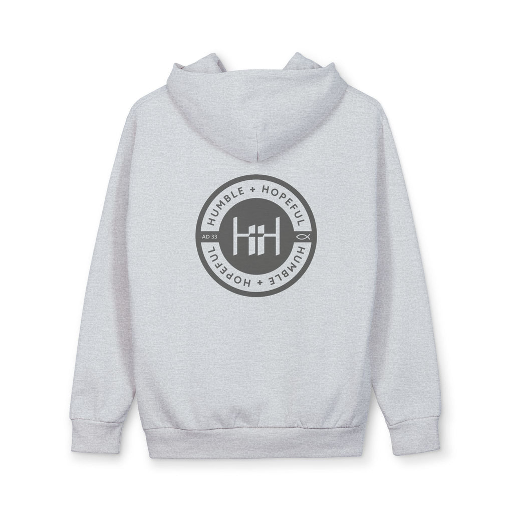 Gray hoodie with 'Humble+Hopeful' logo on the back against a white background