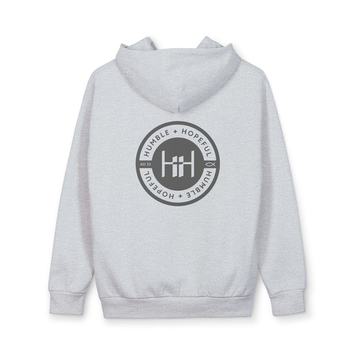 Gray hoodie with 'Humble+Hopeful' logo on the back against a white background
