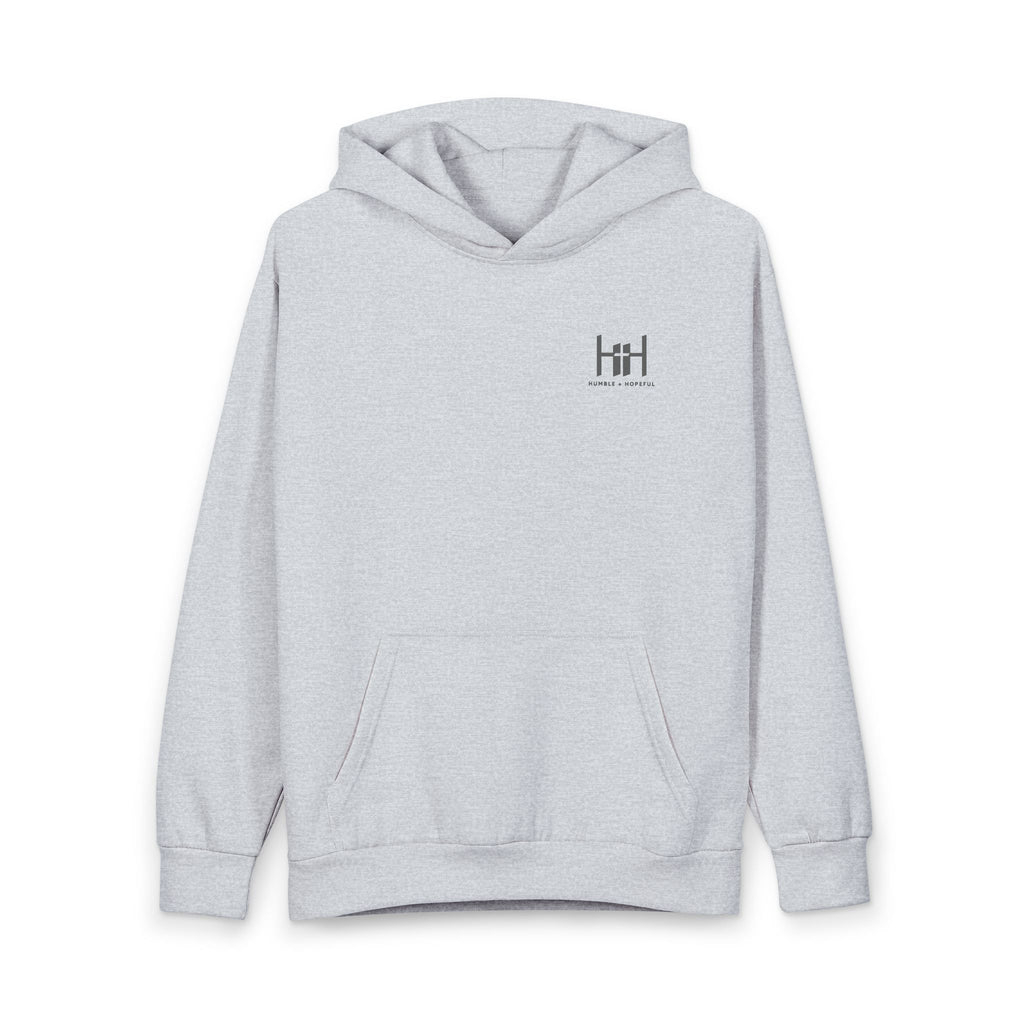 Gray hoodie with 'Humble+Hopeful' logo on the back against a white background