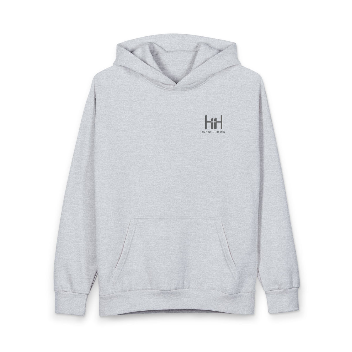 Gray hoodie with 'Humble+Hopeful' logo on the back against a white background