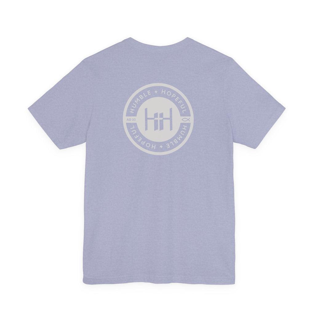 Heather blue t-shirt with 'Humble+Hopeful' logo on a white background