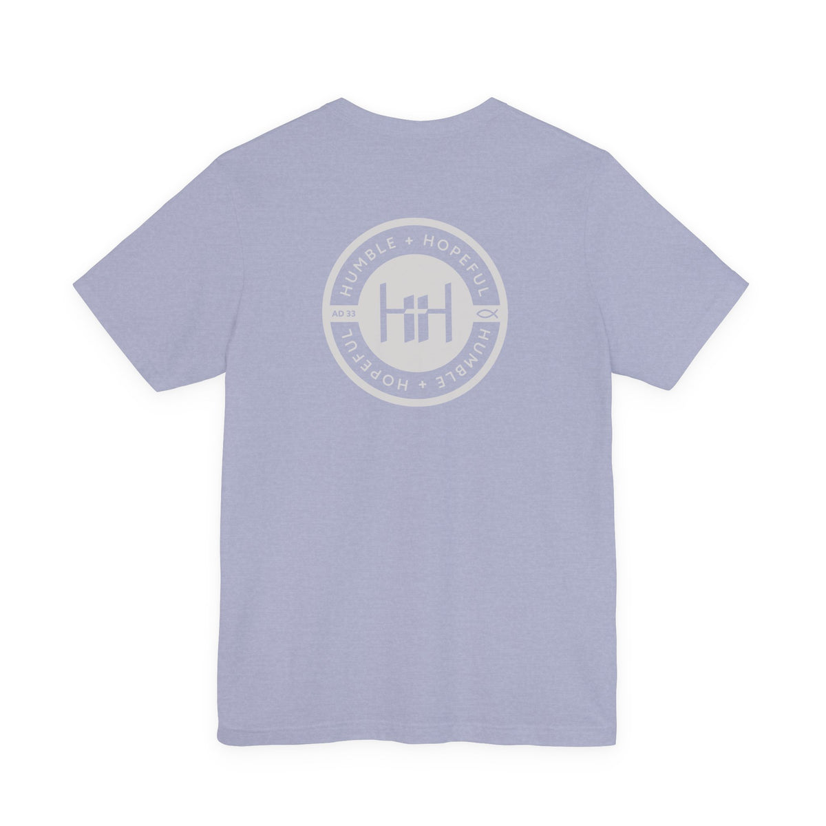 Heather blue t-shirt with 'Humble+Hopeful' logo on a white background