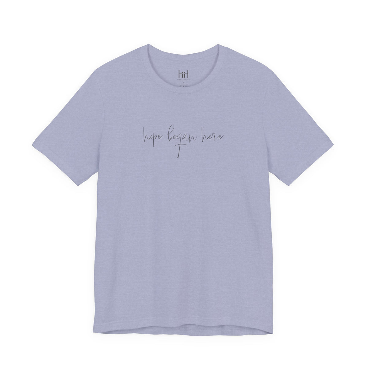 Light blue t-shirt with 'hope began here' text on a white background