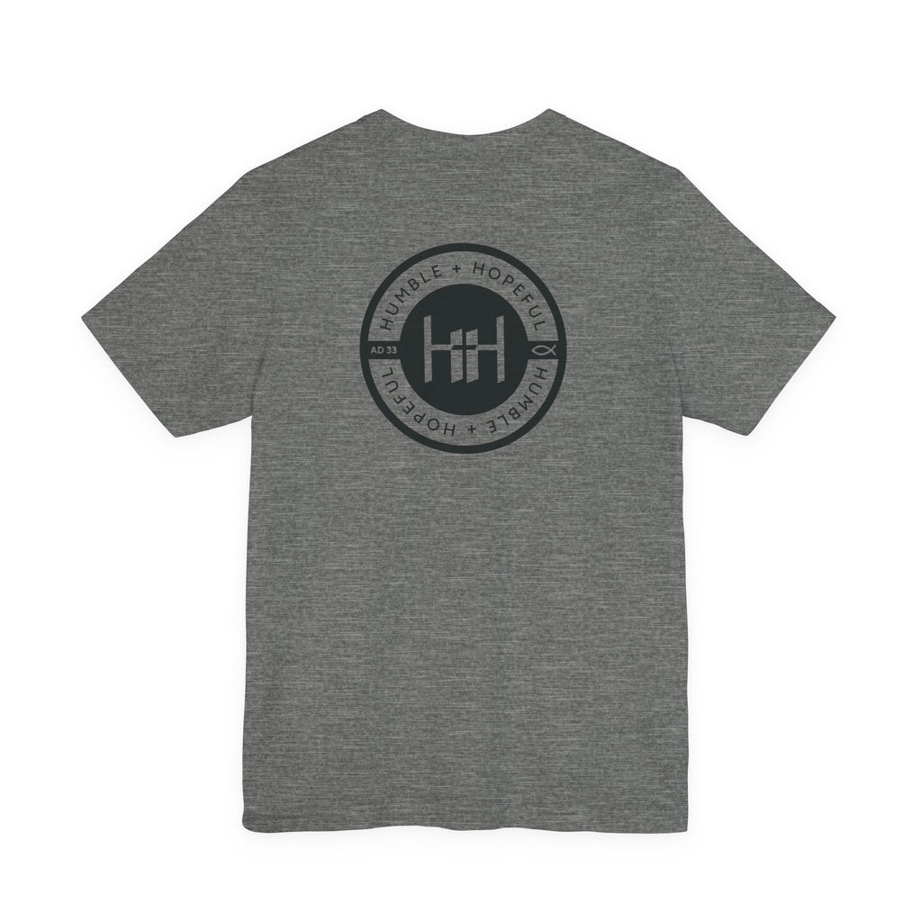 Deep Heather t-shirt with 'Humble+Hopeful' logo on a white background