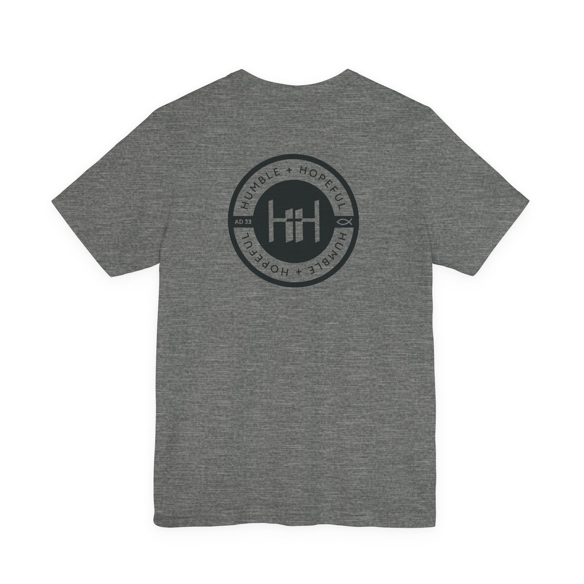 Deep Heather t-shirt with 'Humble+Hopeful' logo on a white background