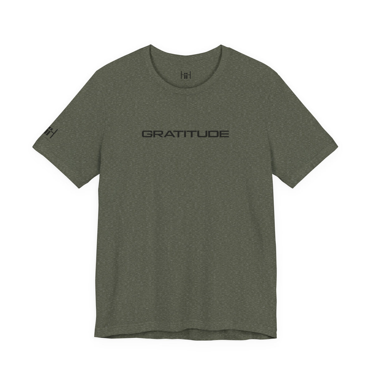 Green t-shirt with 'GRATITUDE' text on a white background