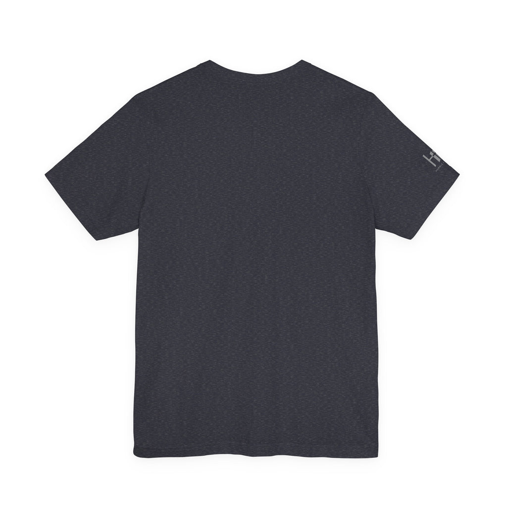A heather navy short-sleeve crewneck t-shirt shown from the back, laid flat against a solid white background.
