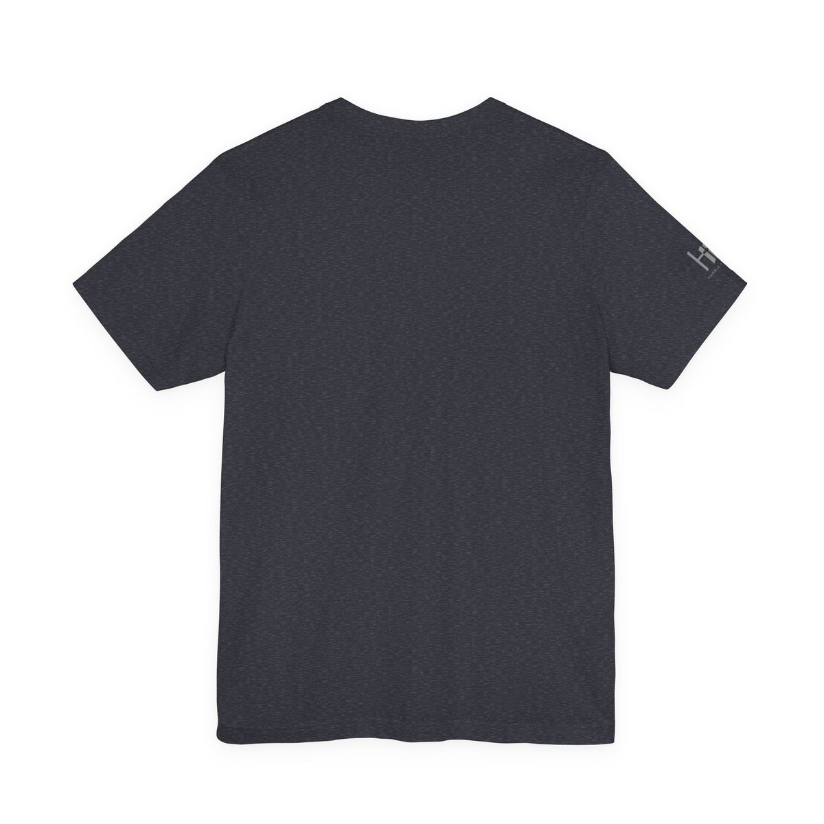 A heather navy short-sleeve crewneck t-shirt shown from the back, laid flat against a solid white background.