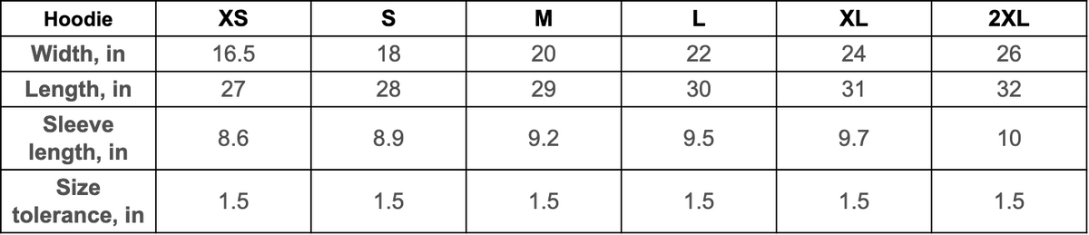 A size chart table for the Hoodies showing size measurements from XS to 2XL, with width, length, sleeve length, and size tolerance in inches.