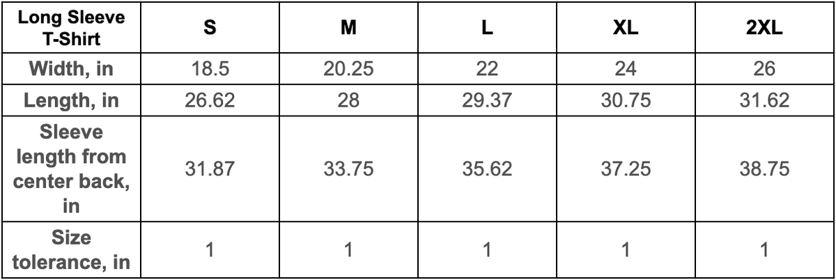 A size chart table for a long sleeve T-shirt showing measurements for S, M, L, XL, and 2XL sizes, with columns for width in inches, length in inches, sleeve length from center back in inches, and size tolerance.