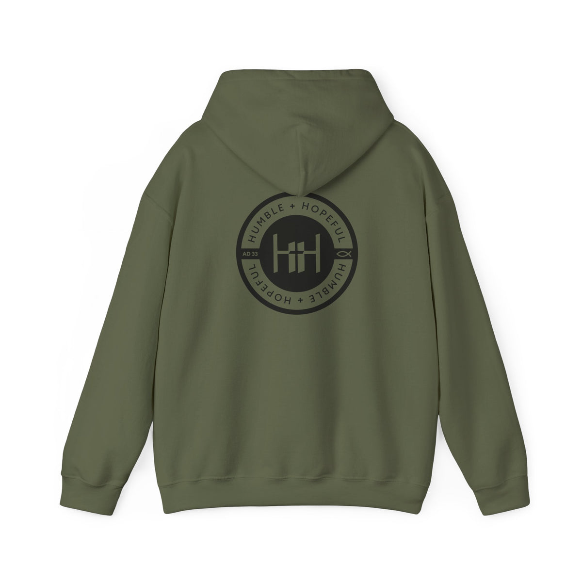 Military Green hoodie with 'Humble+Hopeful' logo on the back against a white background