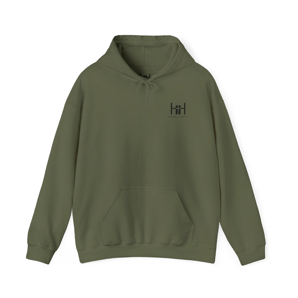 Military Green hoodie with 'Humble+Hopeful' logo on the back against a white background