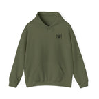 Military Green hoodie with 'Humble+Hopeful' logo on the back against a white background