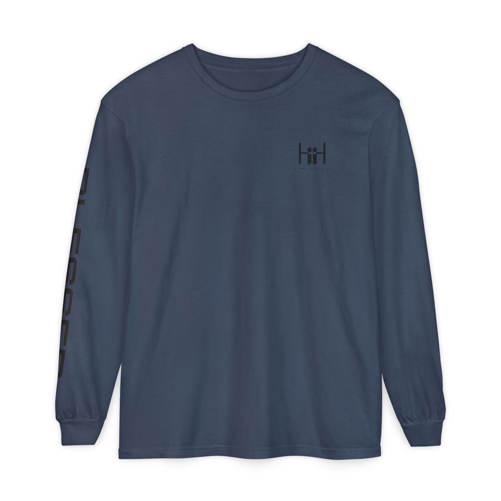 Midnight long sleeve t-shirt with 'Humble+Hopeful' logo on a white background