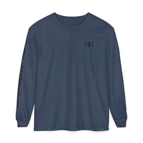 Midnight long sleeve t-shirt with 'Humble+Hopeful' logo on a white background