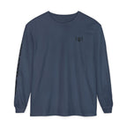 Midnight blue long sleeve t-shirt with 'Humble+Hopeful' logo on a white background