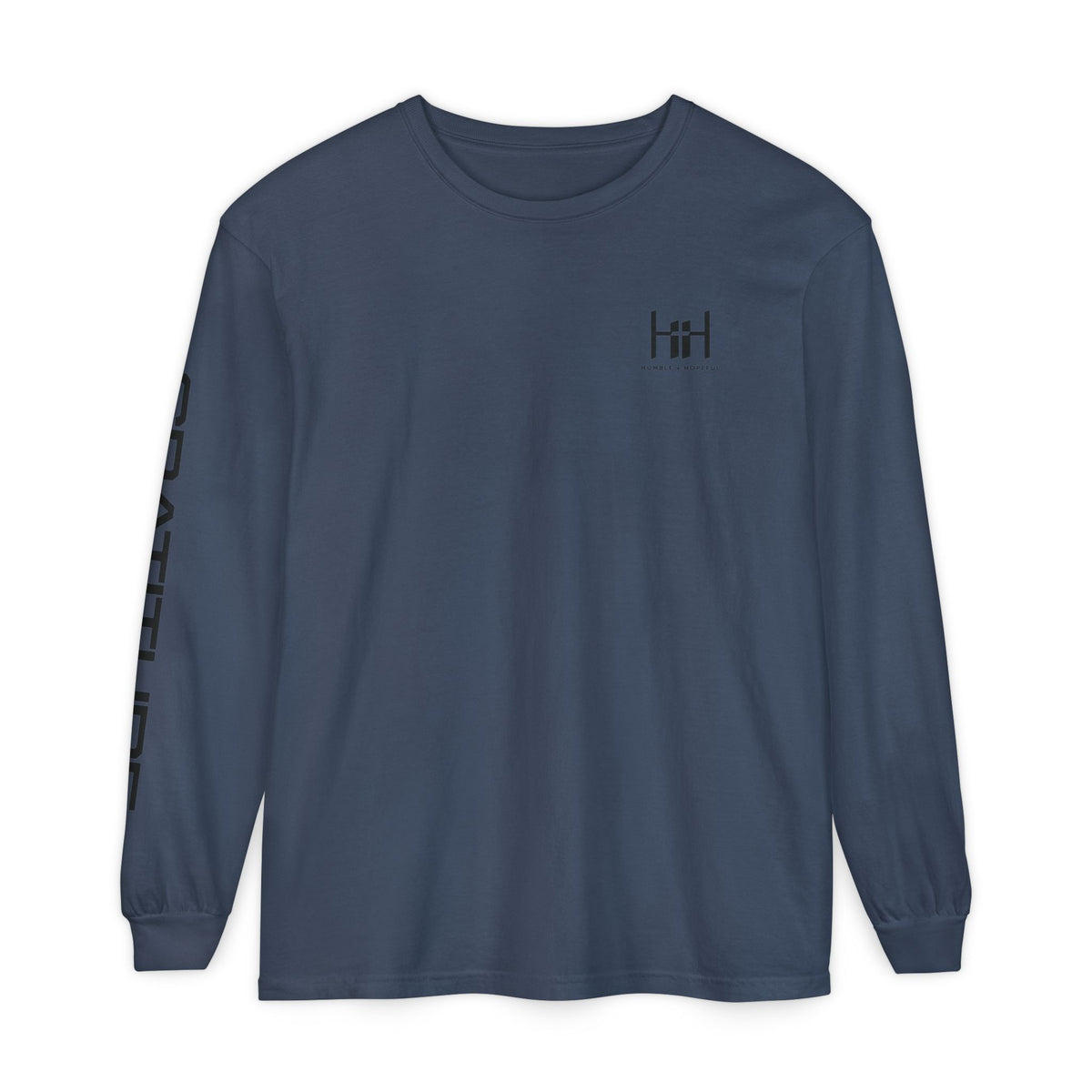 Midnight blue long sleeve t-shirt with 'Humble+Hopeful' logo on a white background