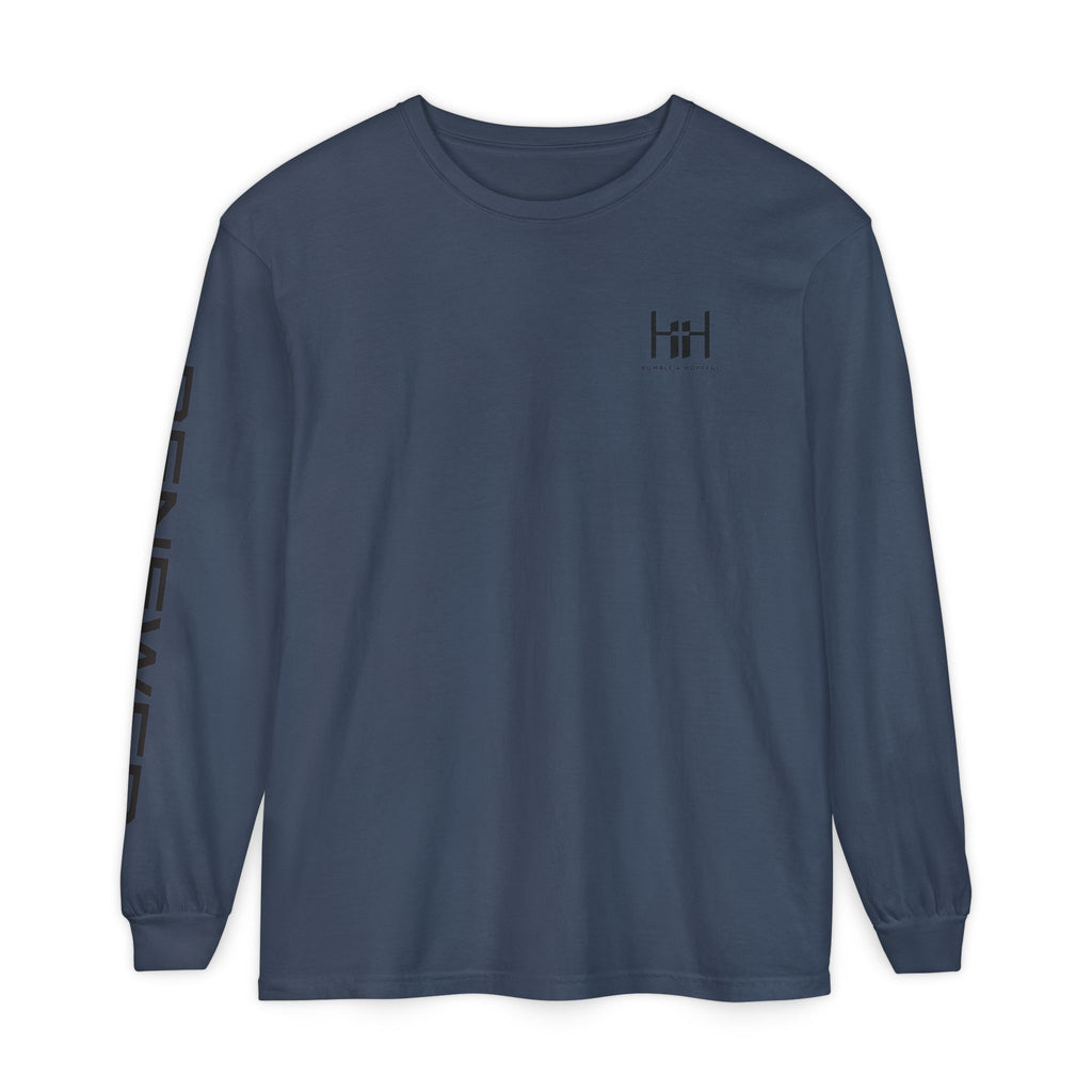 Midnight long sleeve t-shirt with 'Humble+Hopeful' logo on a white background