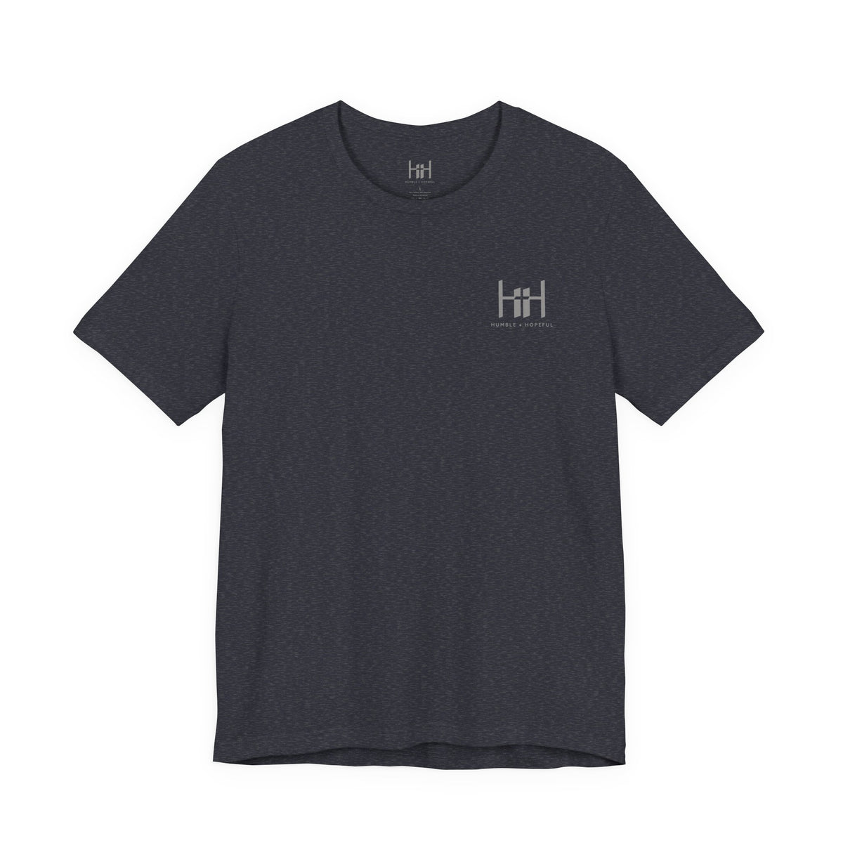 Heather Navy t-shirt with 'Humble+Hopeful' logo on a white background