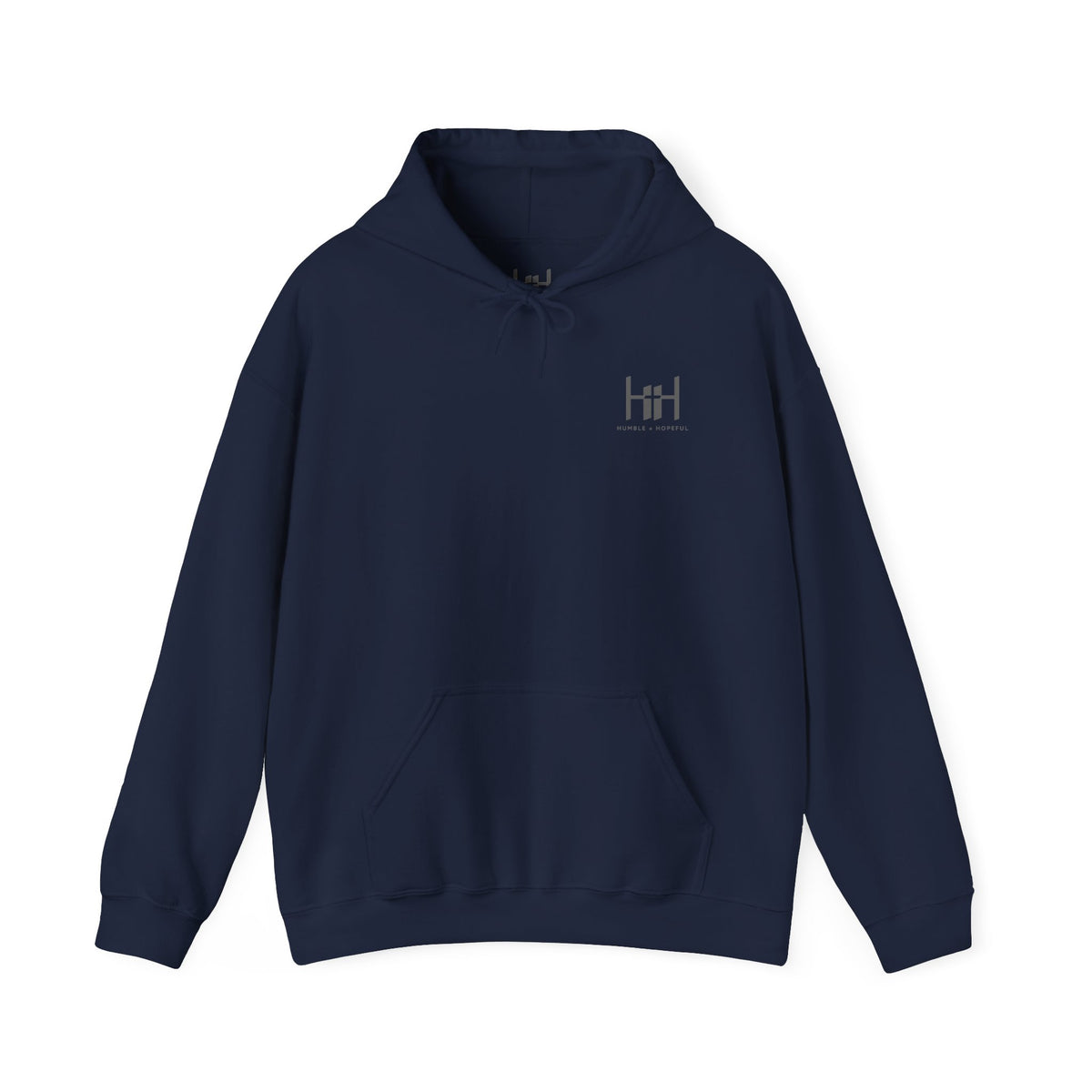 Navy hoodie with 'Humble+Hopeful' logo on the back against a white background