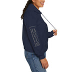 navy colored hoodie with a Humble + Hopeful logo on the front and Hallelujah on the sleeve on a white background